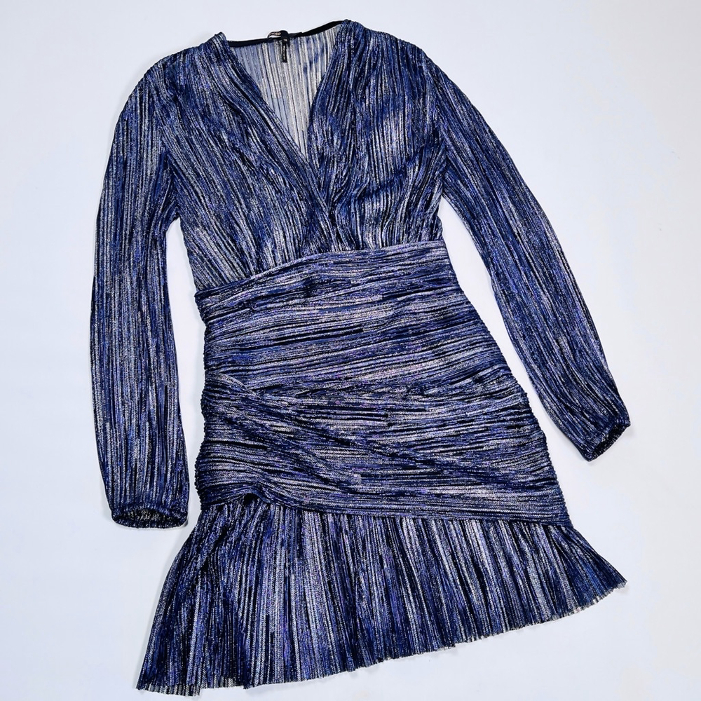 Maje Dress Lame Size 38 Blue Silver Mini Draped